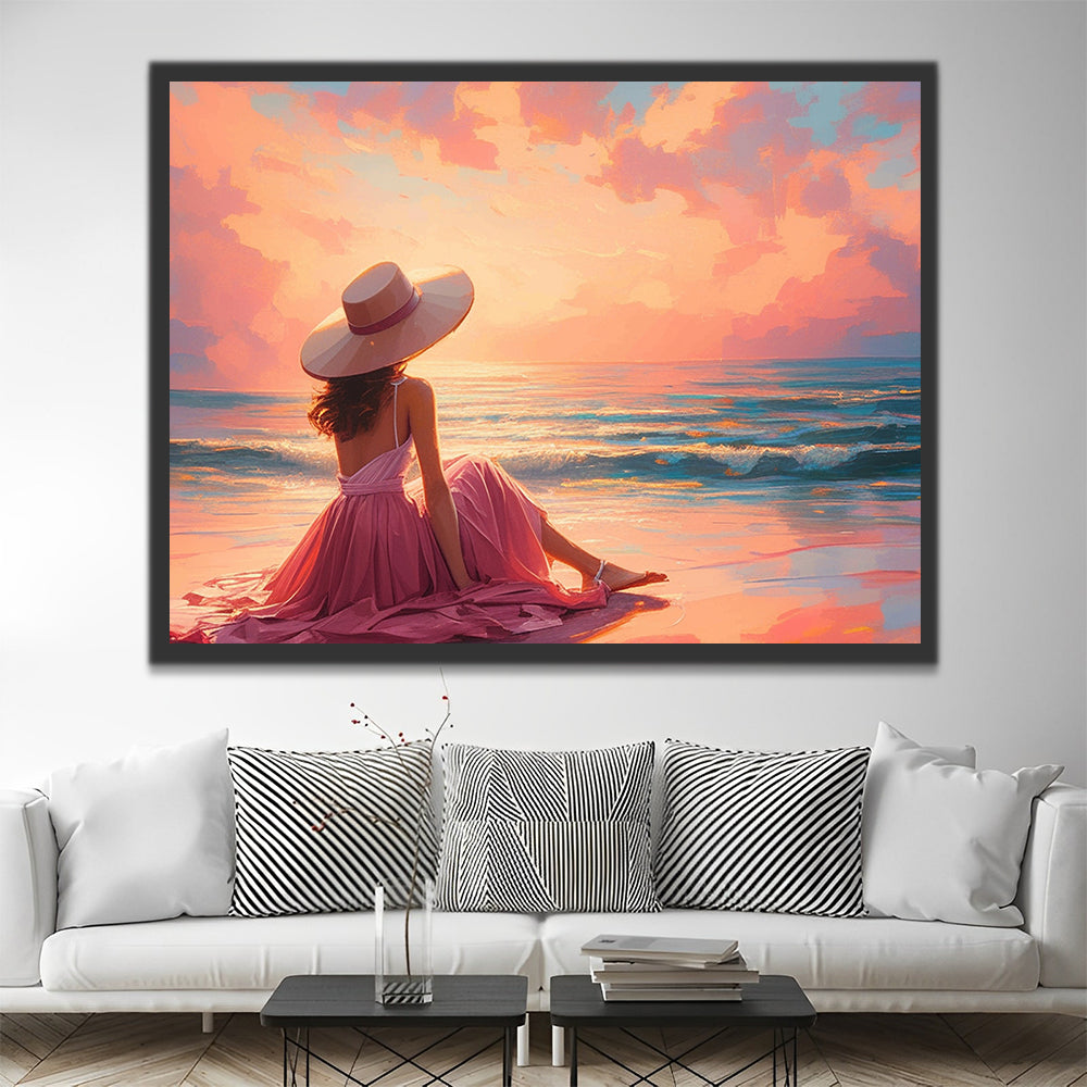 Mujer con Sombrero Sentada sobre la Playa Mirando el Mar Pintar por Números