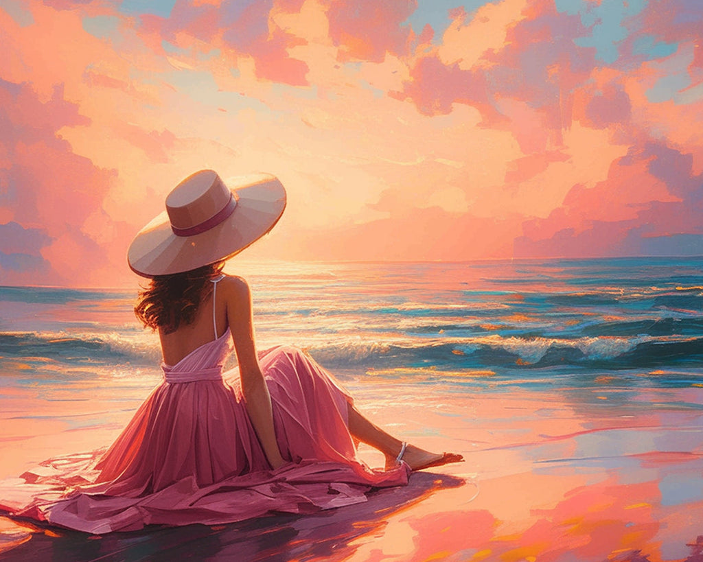 Mujer con Sombrero Sentada sobre la Playa Mirando el Mar Pintar por Números