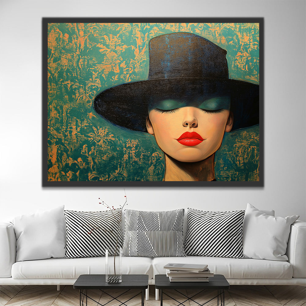 Mujer de Labios Rojos con Sombrero Negro Pintar por Números