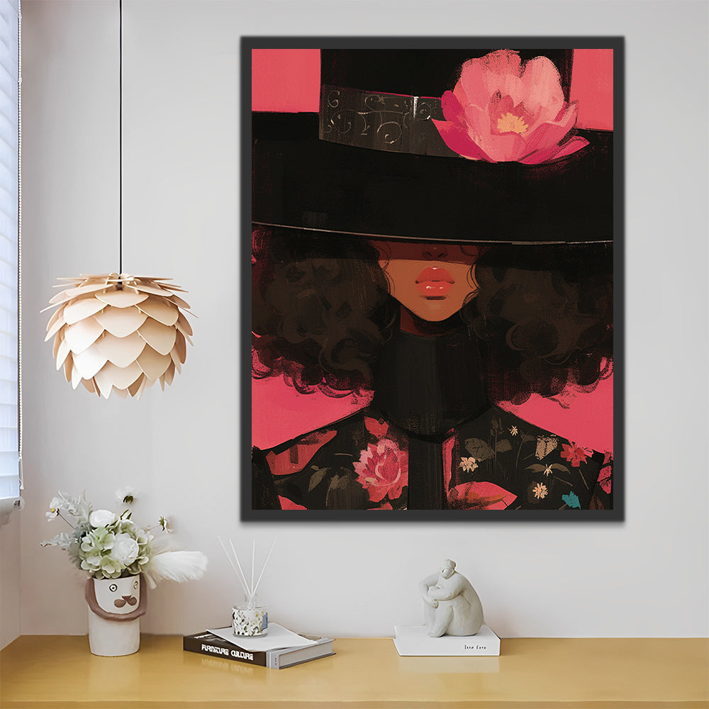Mujer de Pelo Rizado con Sombrero Negro y Flor Rosada Pintar por Números