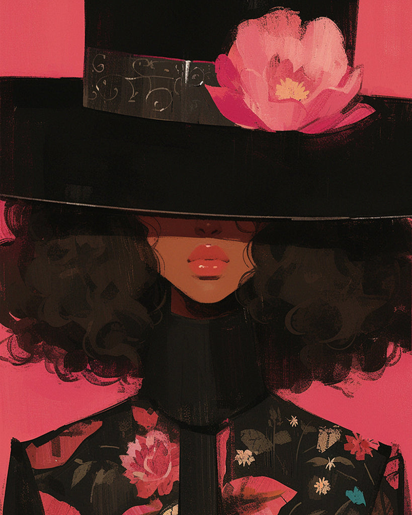 Mujer de Pelo Rizado con Sombrero Negro y Flor Rosada Pintar por Números