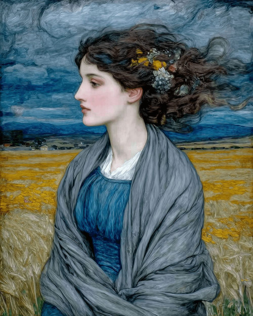 Mujer de Vestido Azul en el Campo en Estilo Van Gogh Pintar por Números