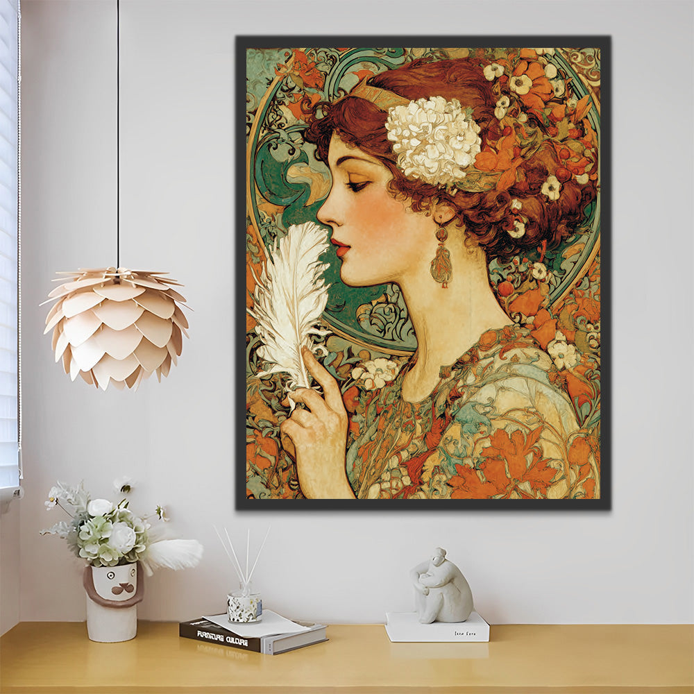 Mujer Elegante Sosteniendo un Pluma Blanca Pintar por Números