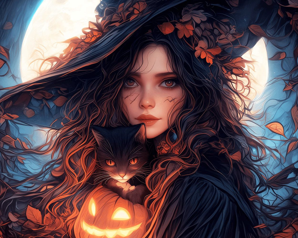 Mujer en Halloween Sosteniendo Gato Negro Pintar por Números