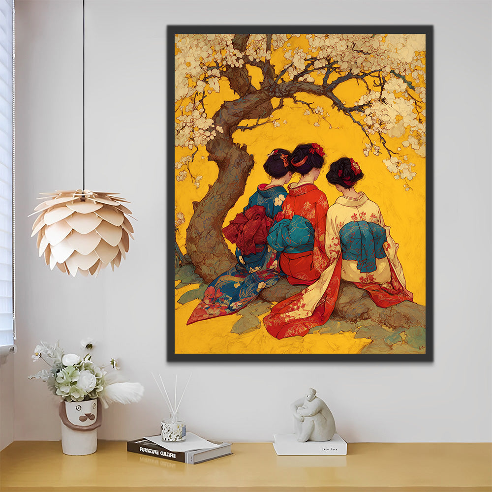 Mujer Japonesa bajo el Árbol de Sakura Pintar por Números