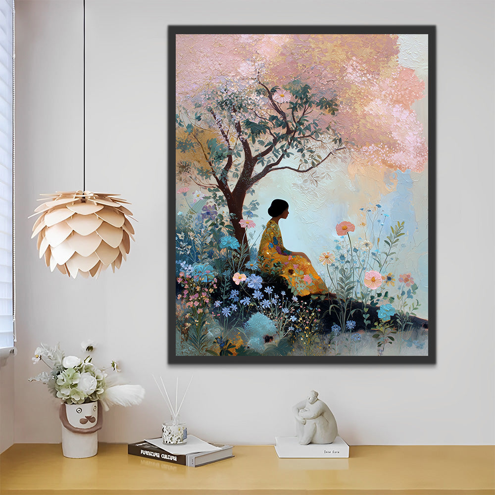 Mujer Sentada bajo Árbol Rosado Pintar por Números