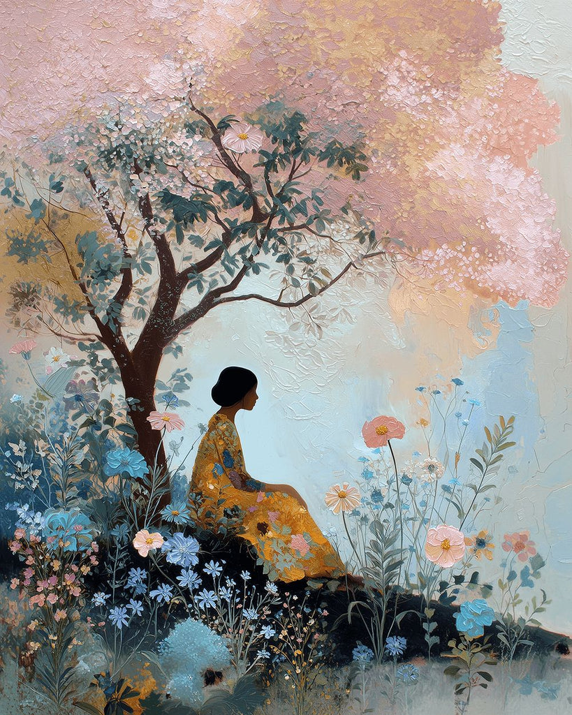 Mujer Sentada bajo Árbol Rosado Pintar por Números