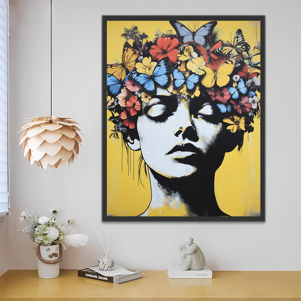 Mujer y Mariposas y Flores con Fondo Amarillo Pintar por Números