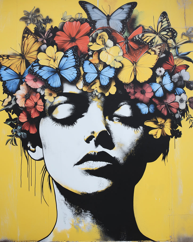 Mujer y Mariposas y Flores con Fondo Amarillo Pintar por Números