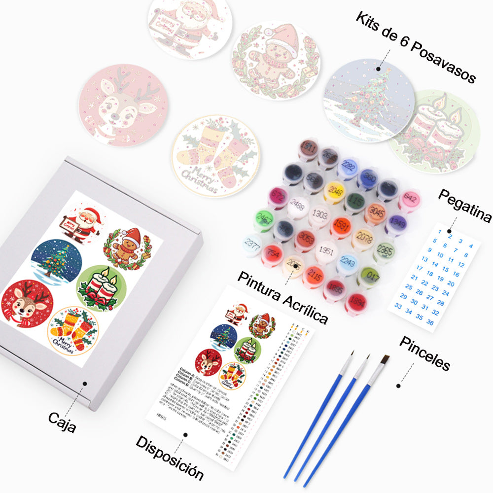 Navidad de Dibujos Animados 6 Posavasos Pintar por Números
