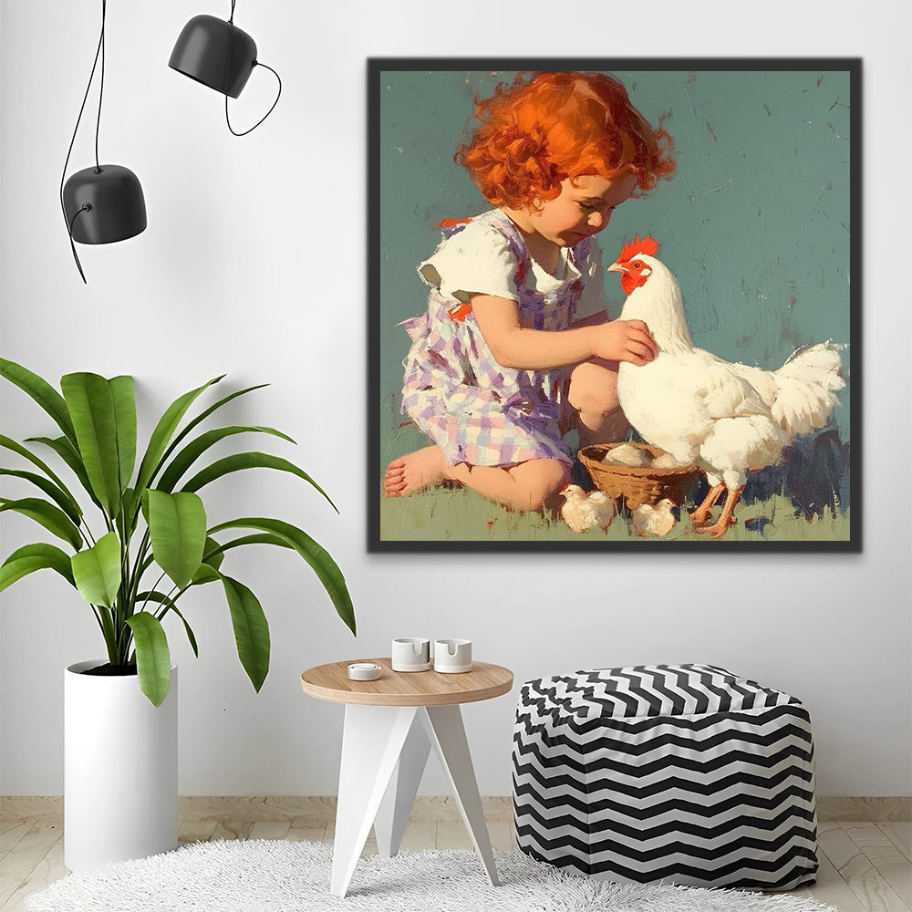 Niña Adorable y Gallina Blanca en el Césped Pintar por Números