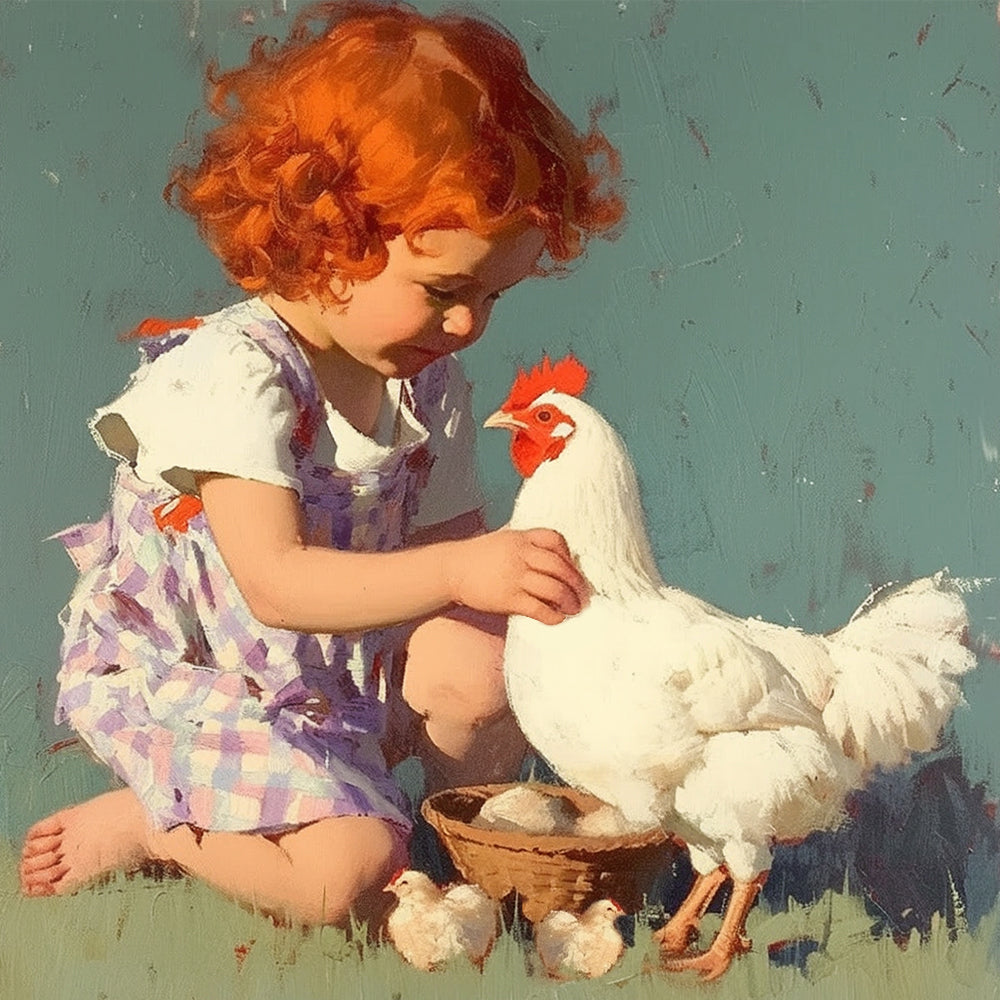 Niña Adorable y Gallina Blanca en el Césped Pintar por Números