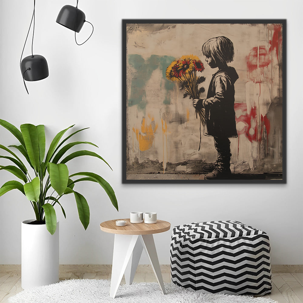 Niña con Girasoles en las Manos al Lado de Pared Pintar por Números