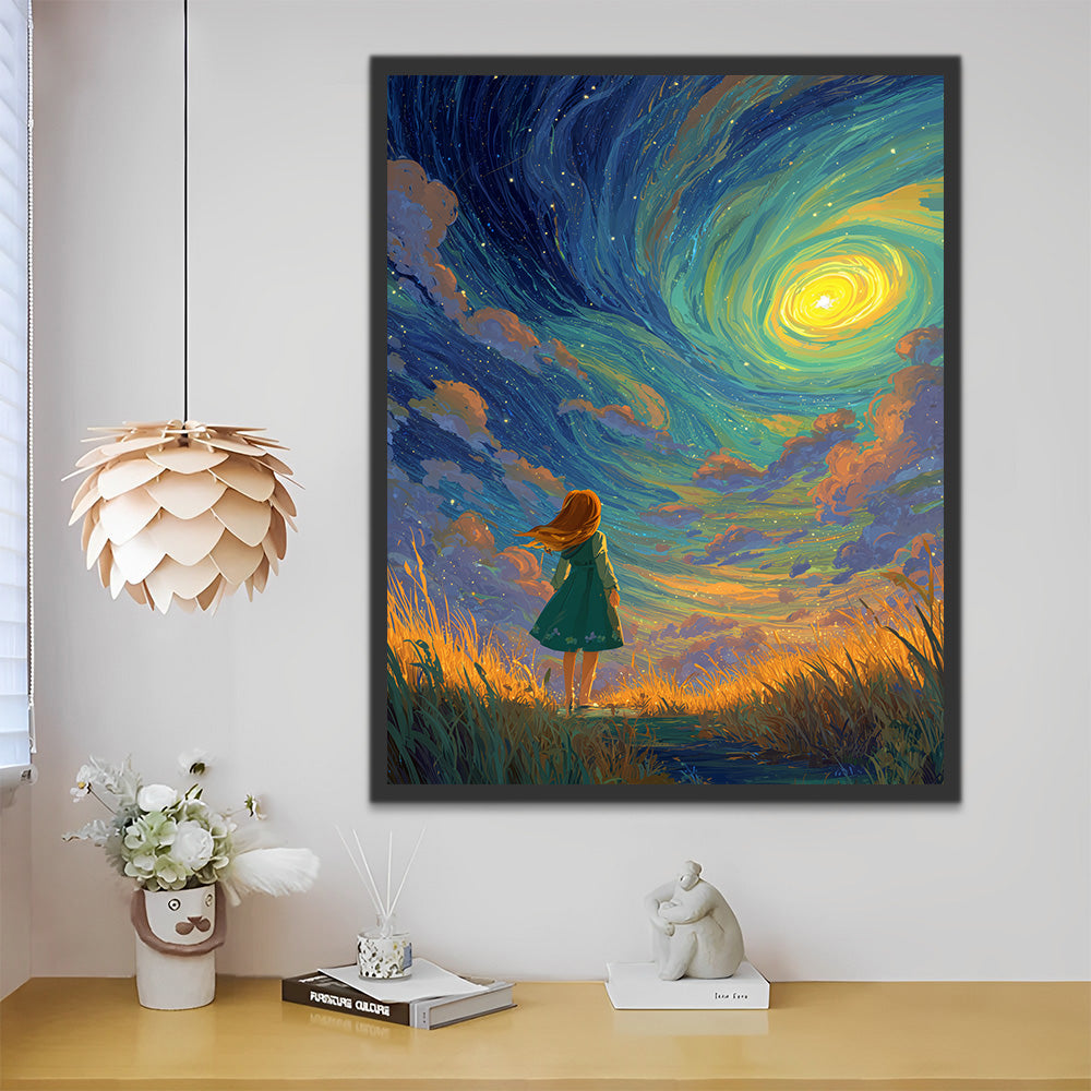 Niña en Pradera Mirando la Aurora Pintar por Números