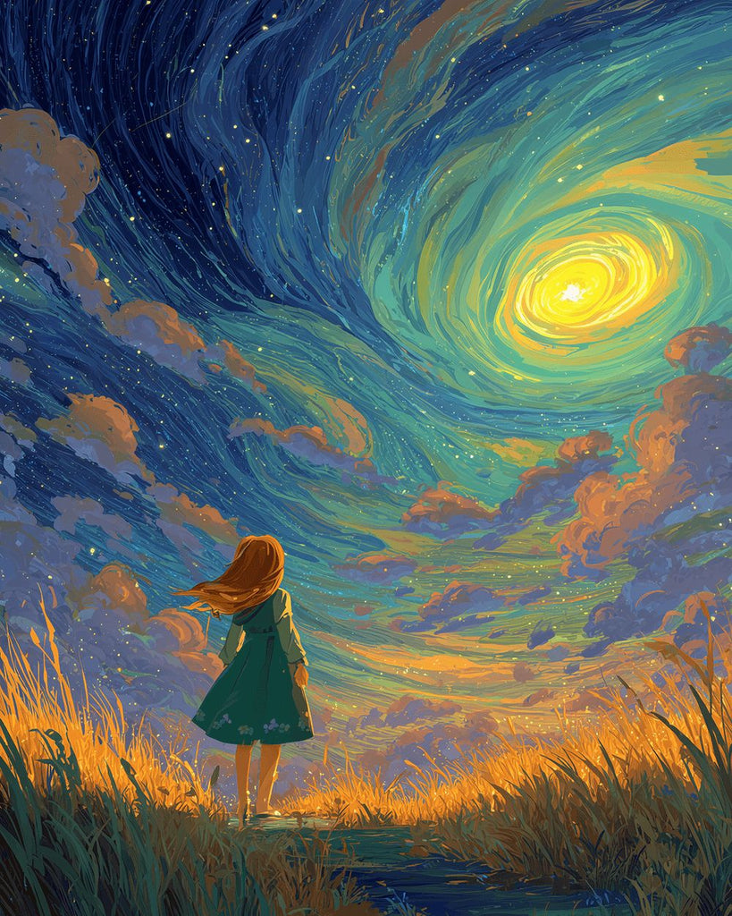 Niña en Pradera Mirando la Aurora Pintar por Números