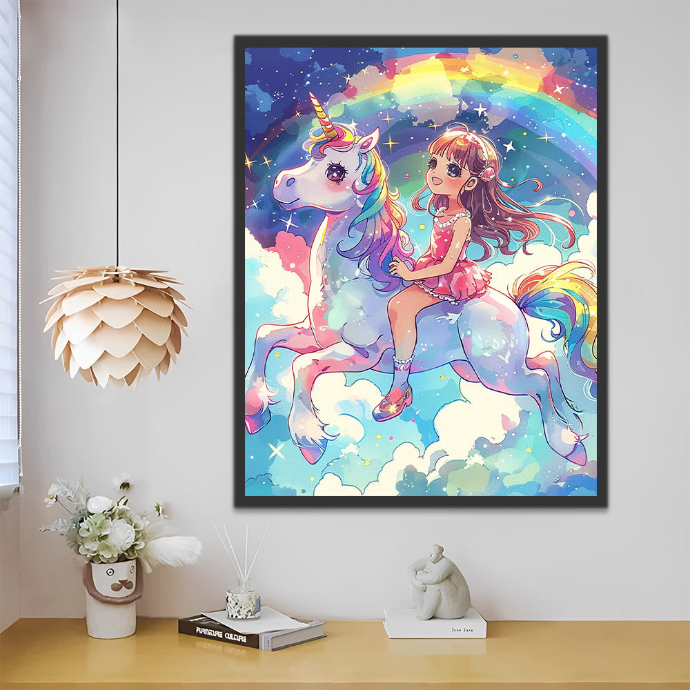 Niña Montando en Unicornio en el Cielo Pintar por Números
