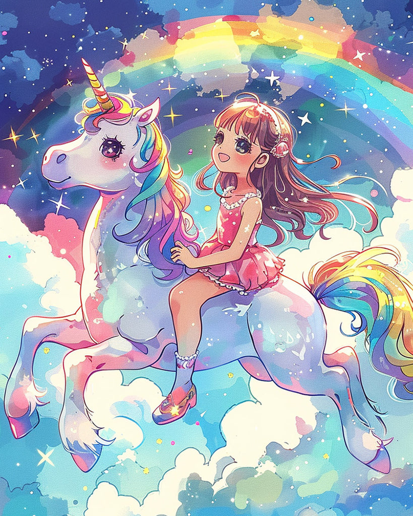 Niña Montando en Unicornio en el Cielo Pintar por Números