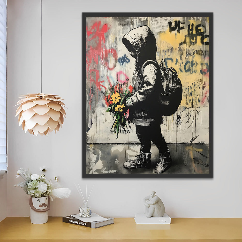 Niño con Flores en las Manos al Lado de Pared Pintar por Números