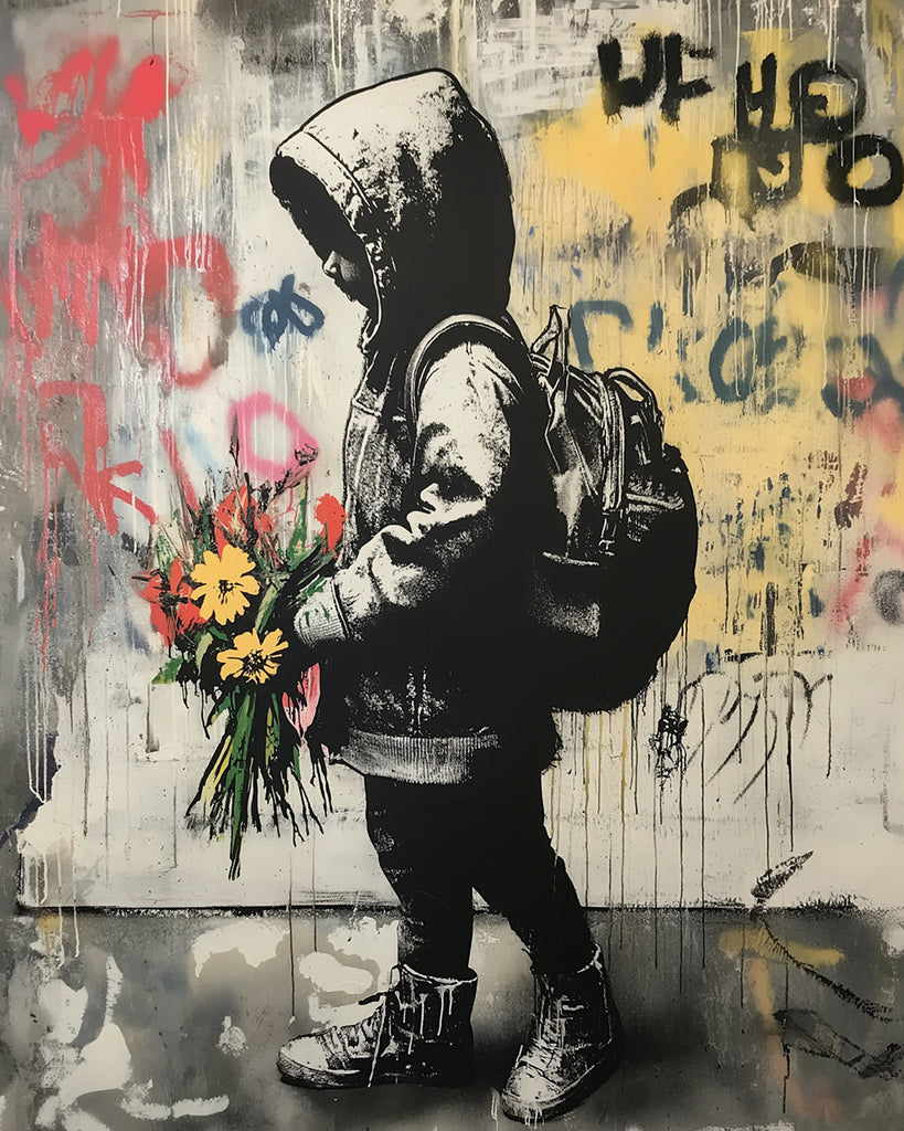 Niño con Flores en las Manos al Lado de Pared Pintar por Números
