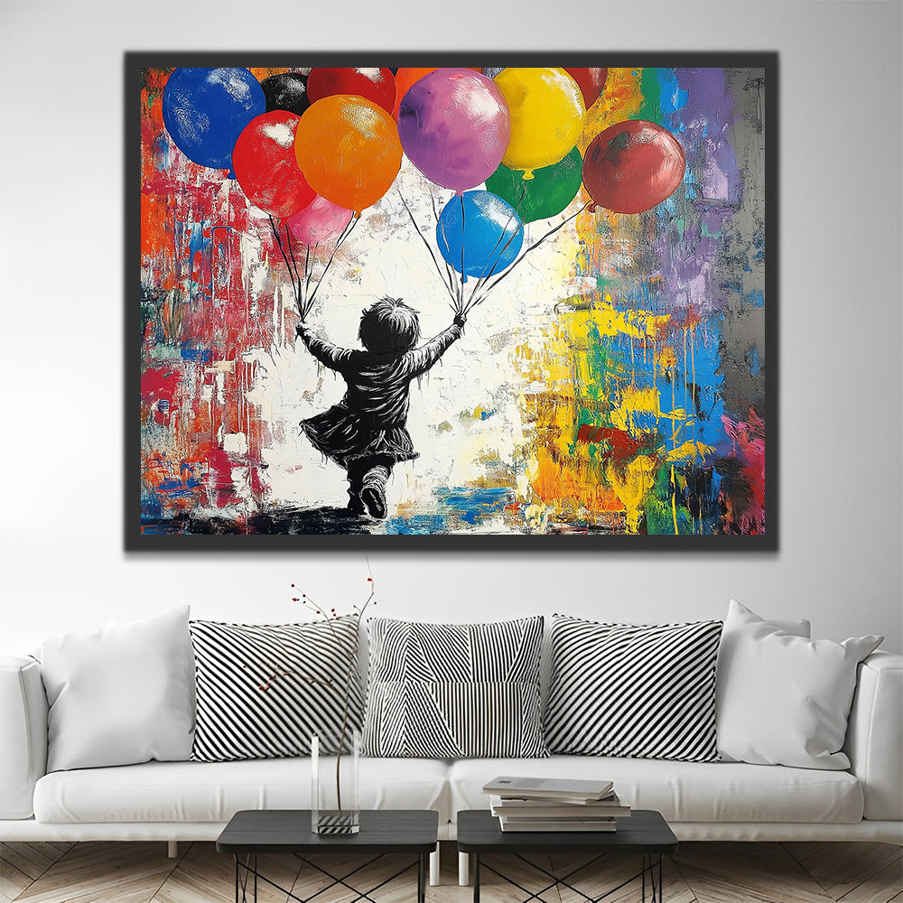 Niño Feliz con Globos Coloridos en la Mano Pintar por Números