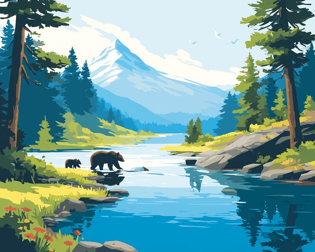 Oso Cruzando el Río en Montaña Pintar por Números