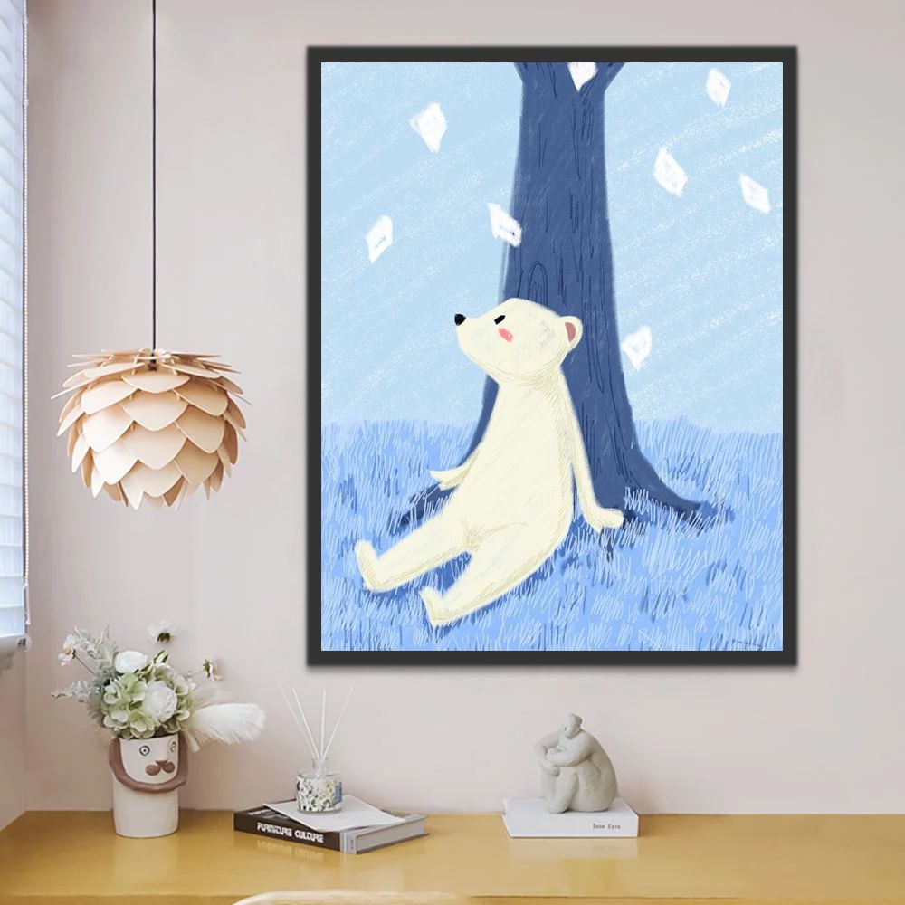 Oso Polar Sentado en Césped Azul Bajo Árbol Pintar por Números Niños