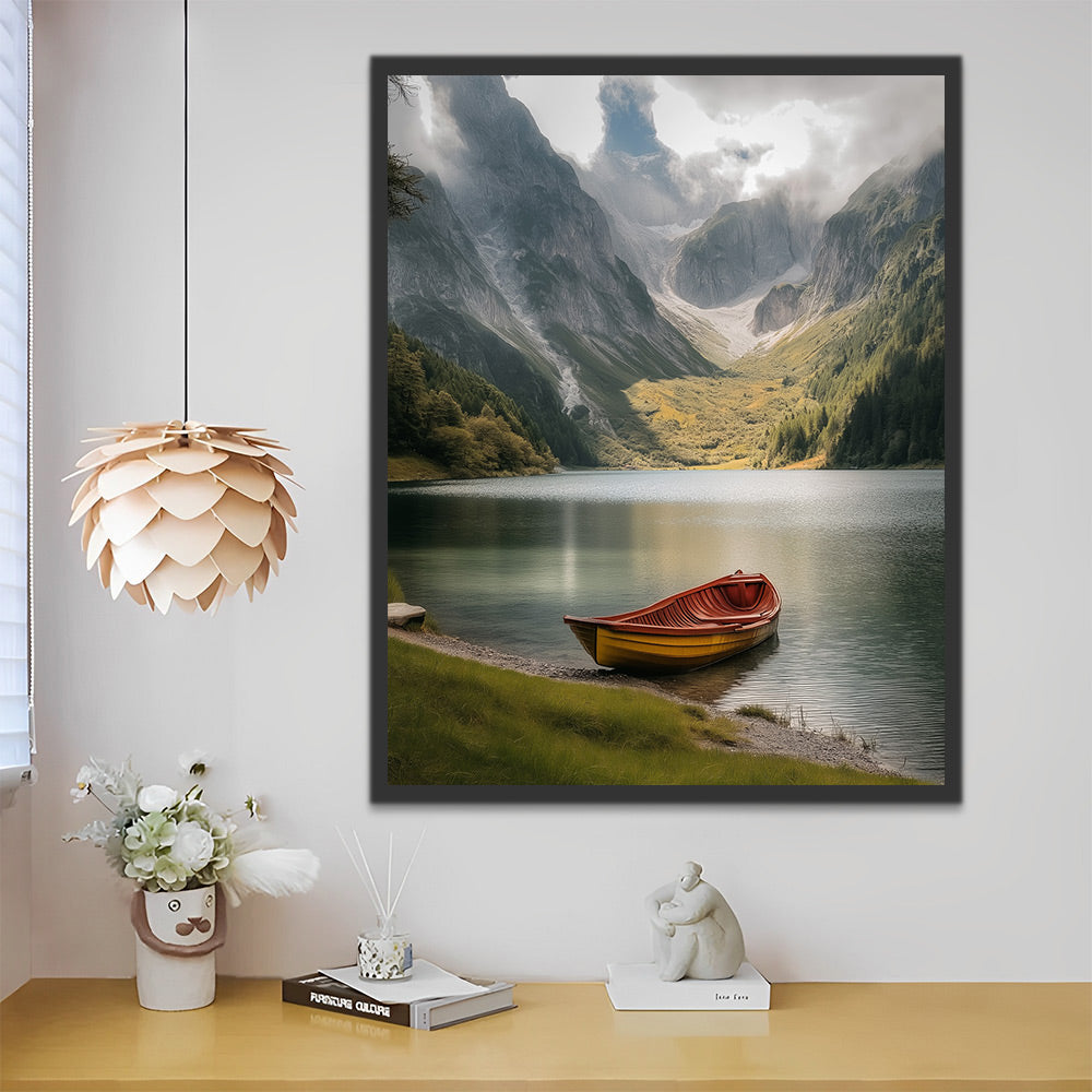 Paisaje con un Barco sobre el Agua y las Montañas al Fondo Pintar por Números