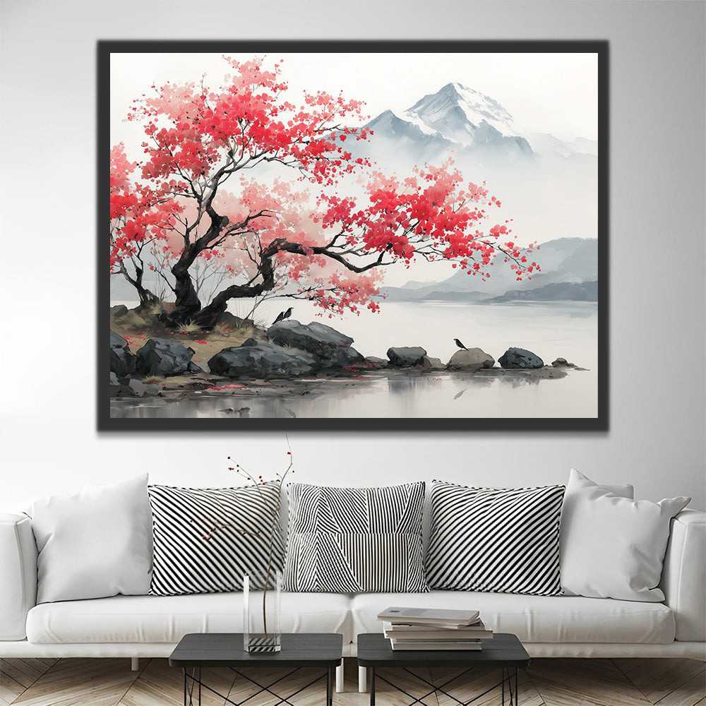 Paisaje de Árbol Rosado en Pintura de Tinta Pintar por Números