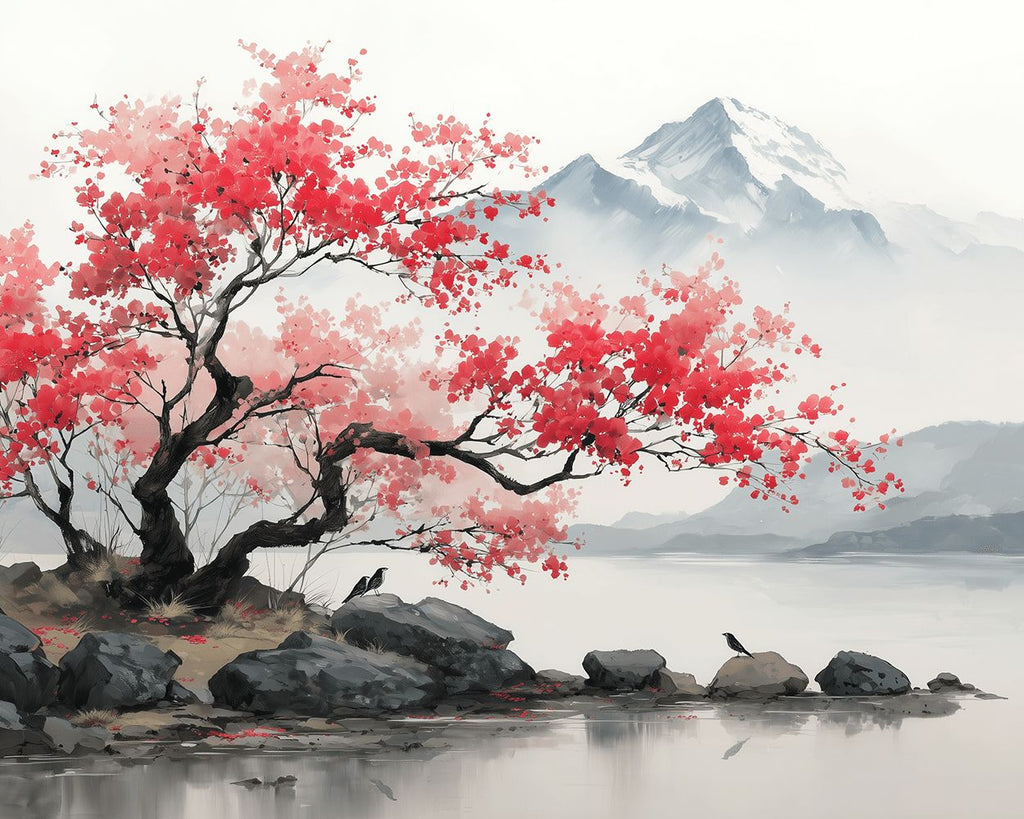 Paisaje de Árbol Rosado en Pintura de Tinta Pintar por Números