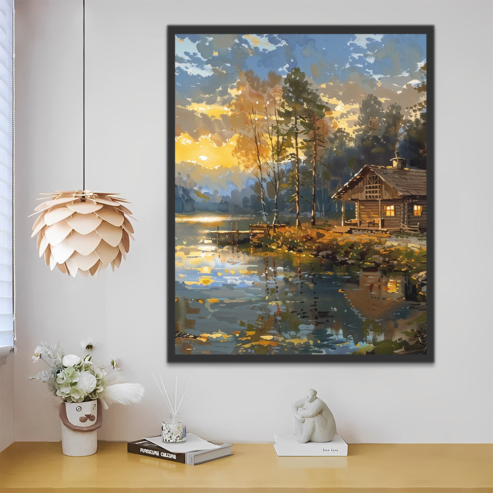 Paisaje de Bosque con una Casa y Río Pintar por Números