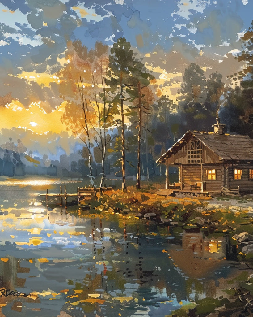 Paisaje de Bosque con una Casa y Río Pintar por Números