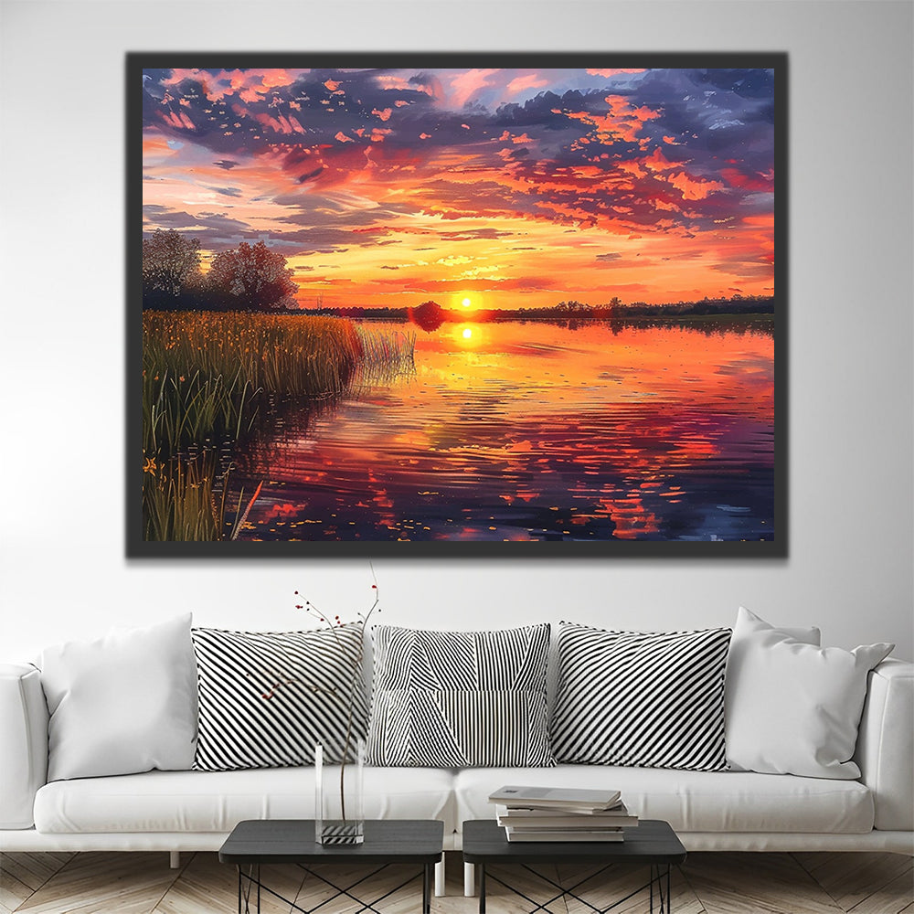 Paisaje de Lago con Plantas al Atardecer Pintar por Números
