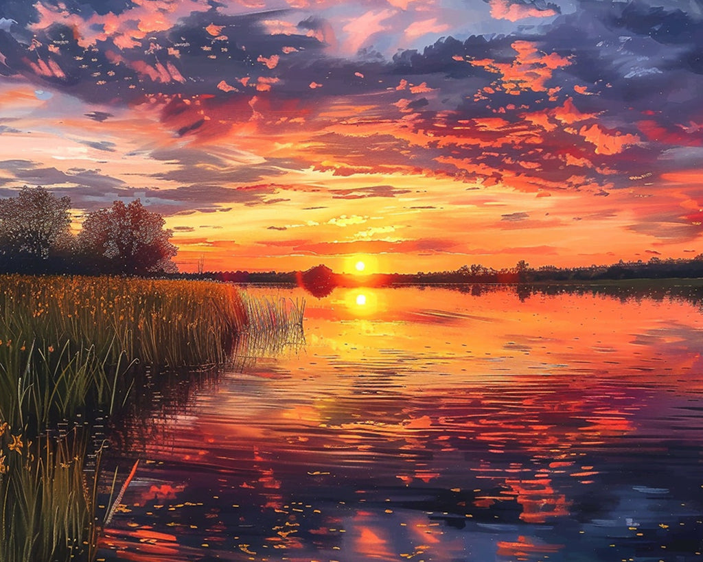 Paisaje de Lago con Plantas al Atardecer Pintar por Números