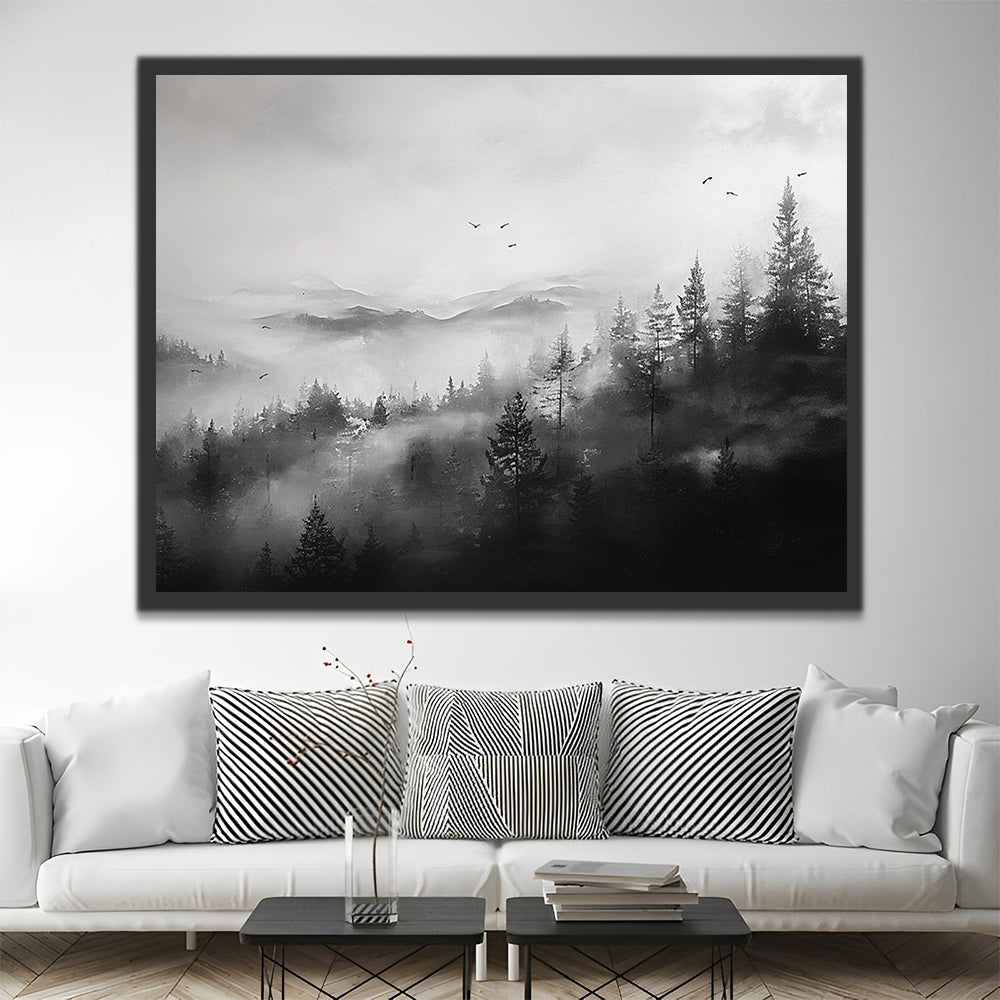 Paisaje Gris de Montañas y Bosque Pintar por Números