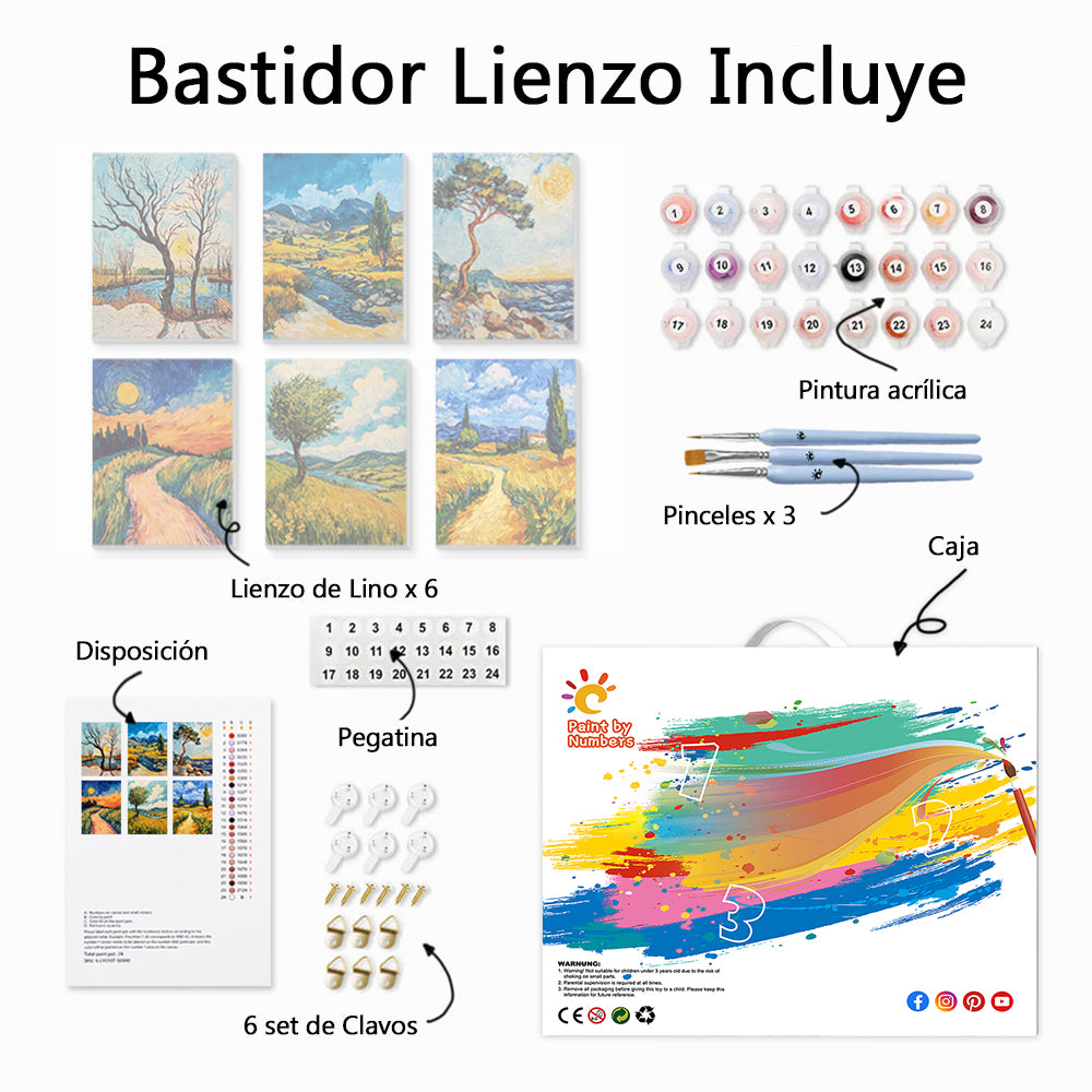 Paisaje Natural en Estilo de Van Gogh 6 Partes Mini Pintar por Números