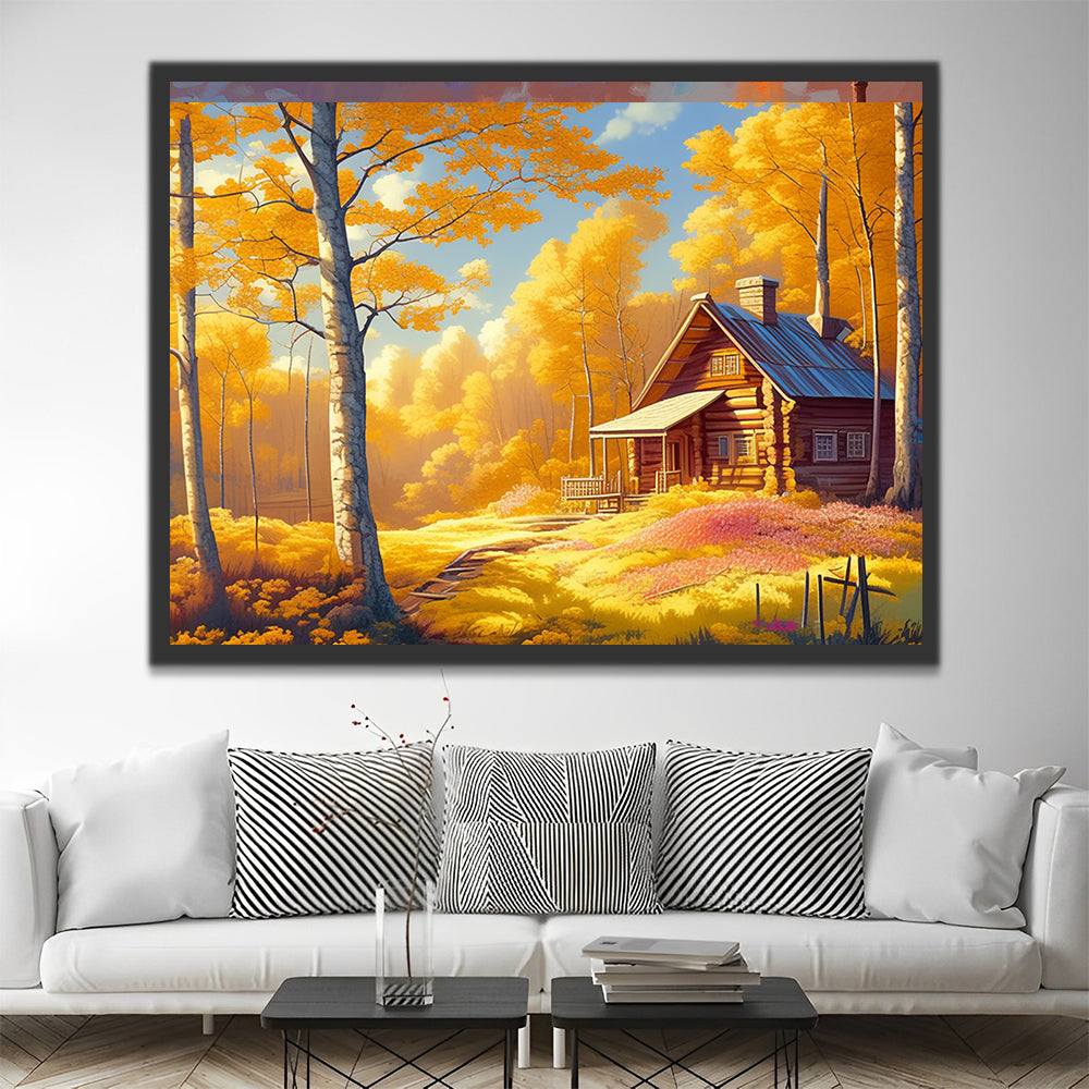 Paisaje Otoñal con Una Casa en el Bosque Pintar por Números