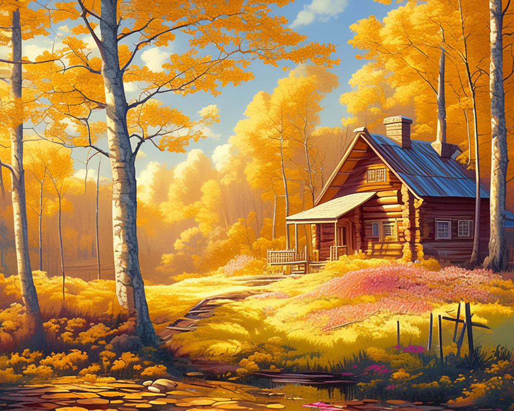 Paisaje Otoñal con Una Casa en el Bosque Pintar por Números