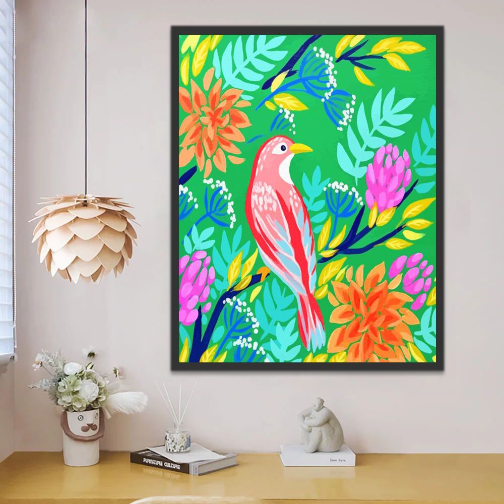Pajarito Rojo con Plantas y Fondo Verde Pintar por Números Niños