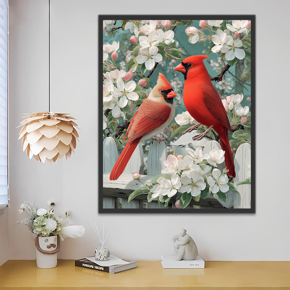 Pájaros Cardenales en Árbol de Flor de Durazno Blanco Pintar por Números