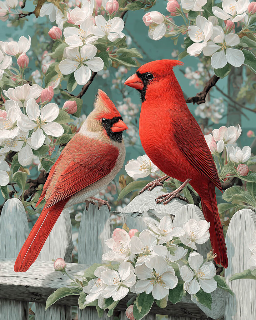 Pájaros Cardenales en Árbol de Flor de Durazno Blanco Pintar por Números