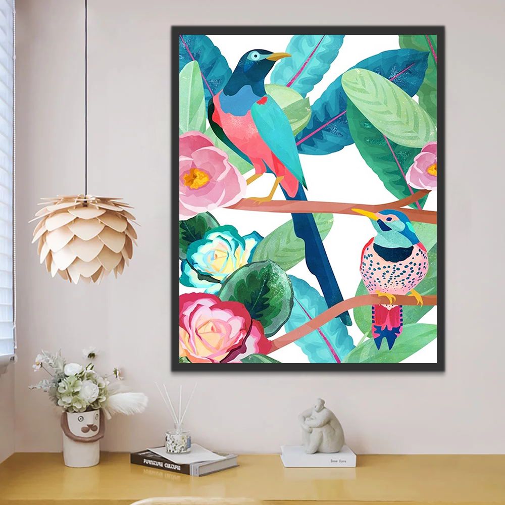 Pájaros Coloridos con Flores y Hojas Pintar por Números Niños