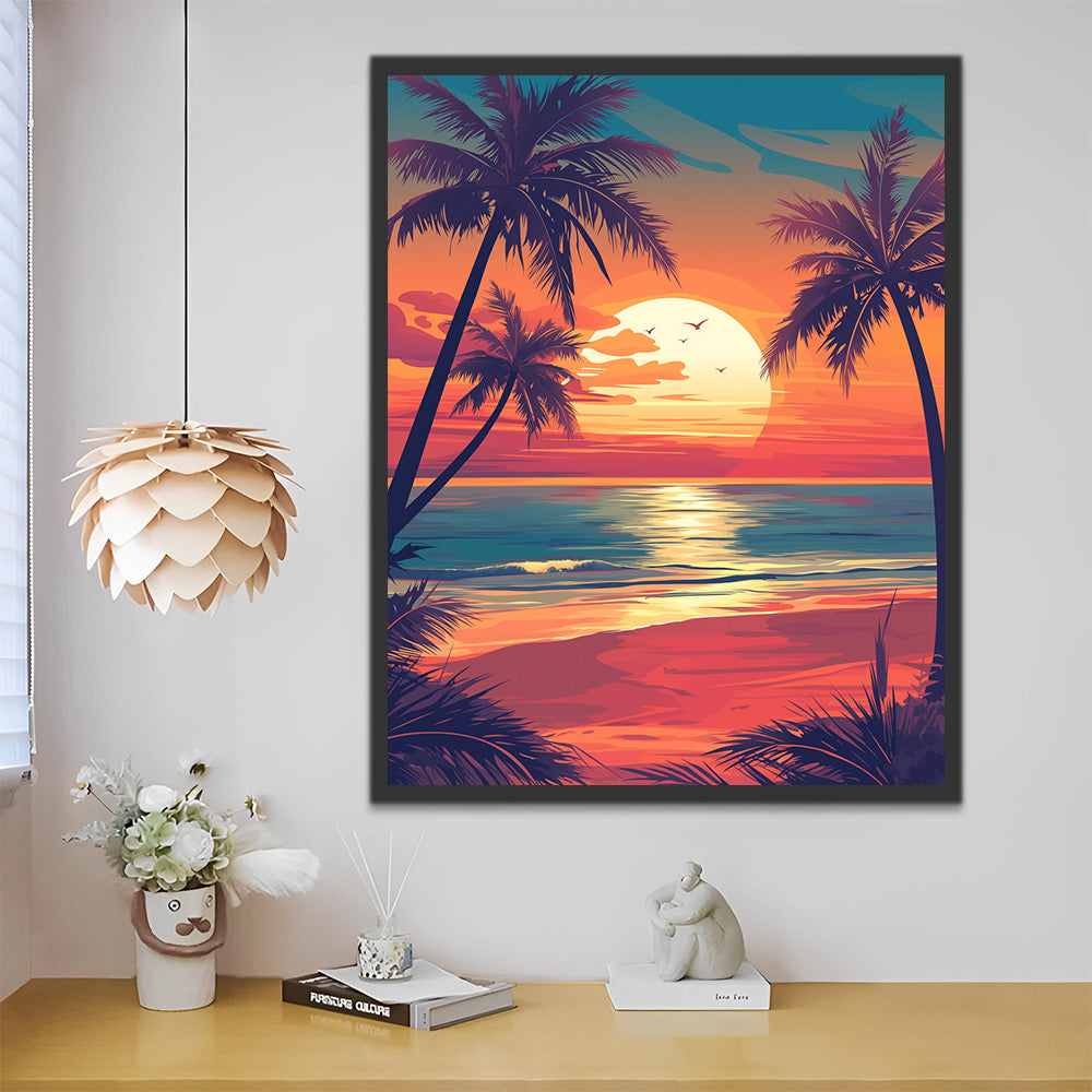 Palmeras en la Playa con la Puesta del Sol Pintar por Números
