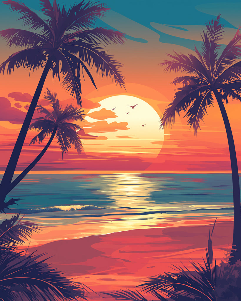 Palmeras en la Playa con la Puesta del Sol Pintar por Números