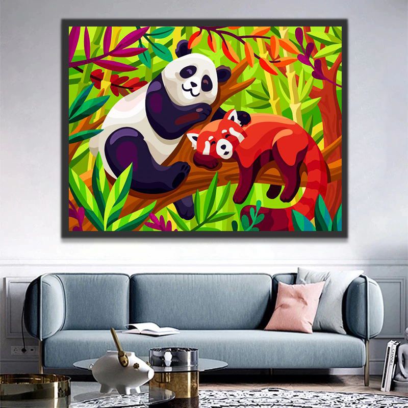 Panda y Mapache sobre Árboles Pintar por Números Niños