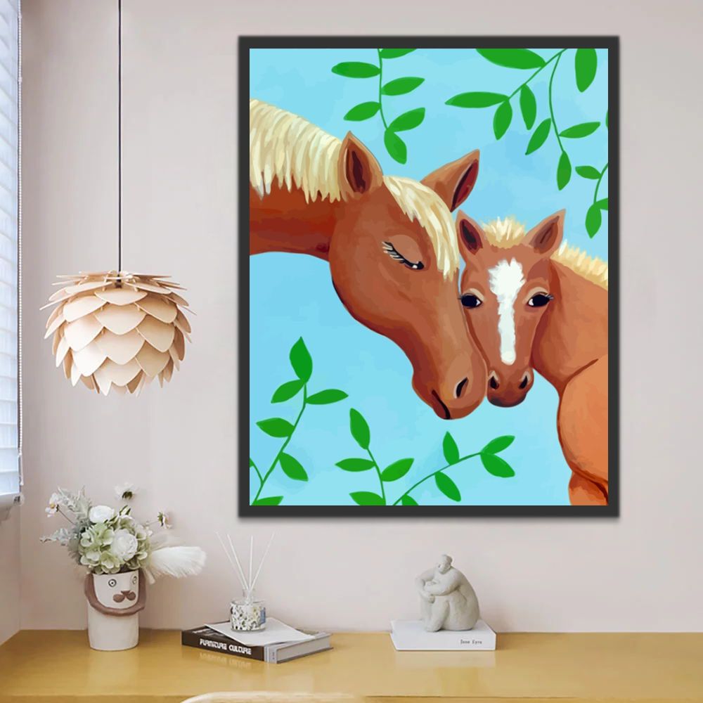 Pareja de Caballos y Ramas Verdes Pintar por Números Niños