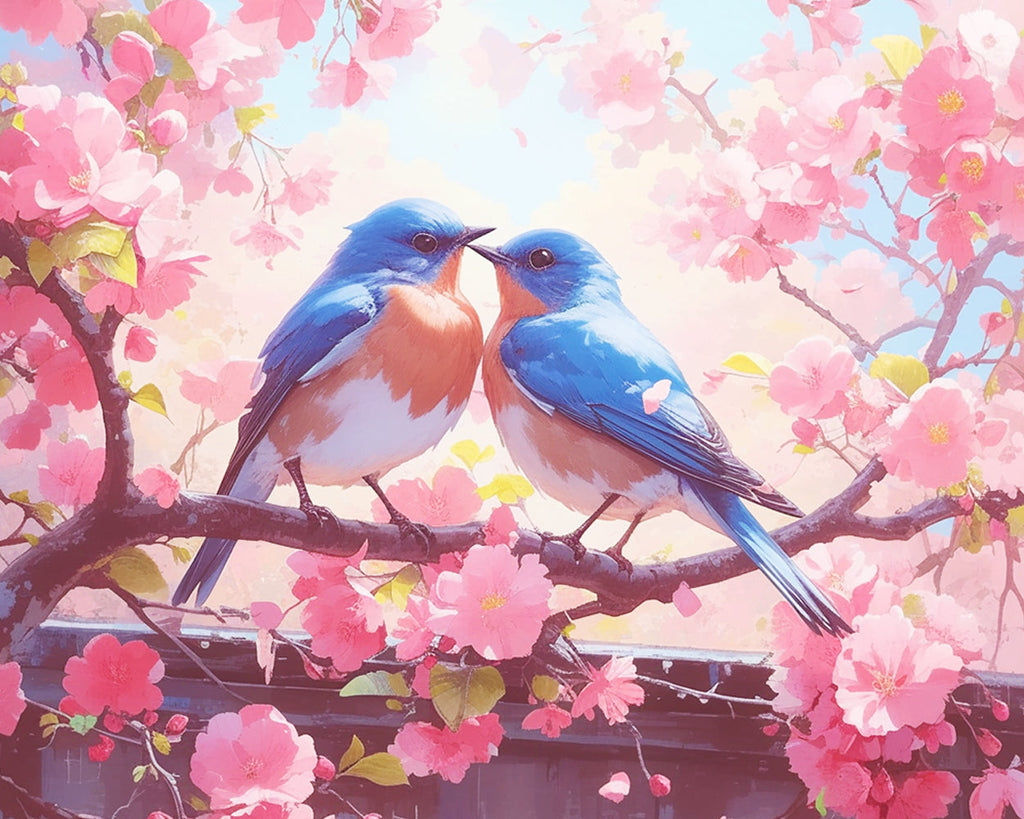 Pareja de Pájaros Azules entre Flores de Melocotón Pintar por Números