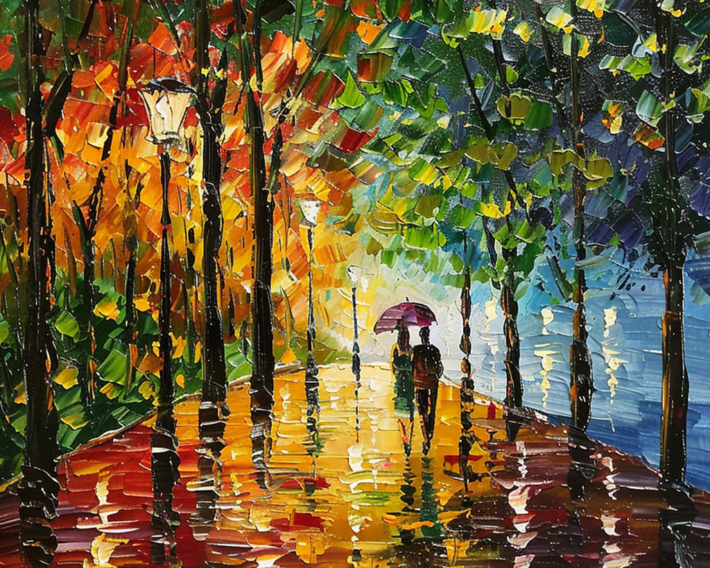 Pareja en Calle con Árboles en la Lluvia Pintar por Números