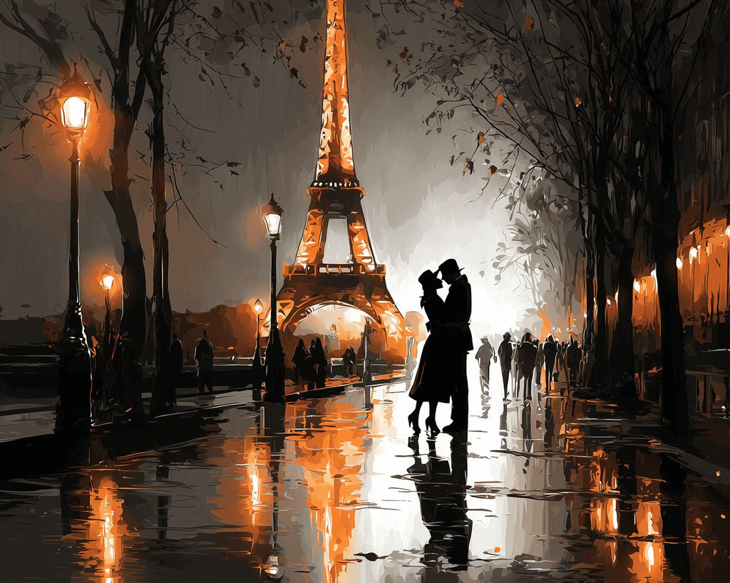 Pareja Junto a la Torre Eiffel por la Noche Pintar por Números