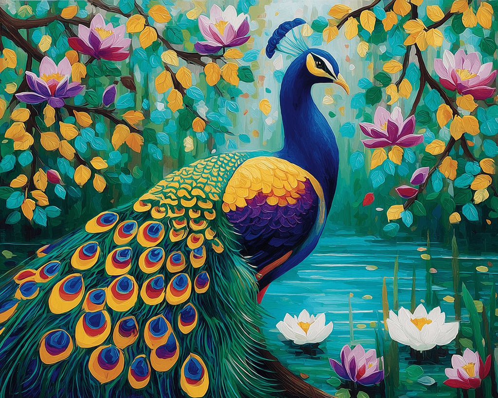 Pavo Real Verde Dorado al Lado del Estanque de Lotos Pintar por Números
