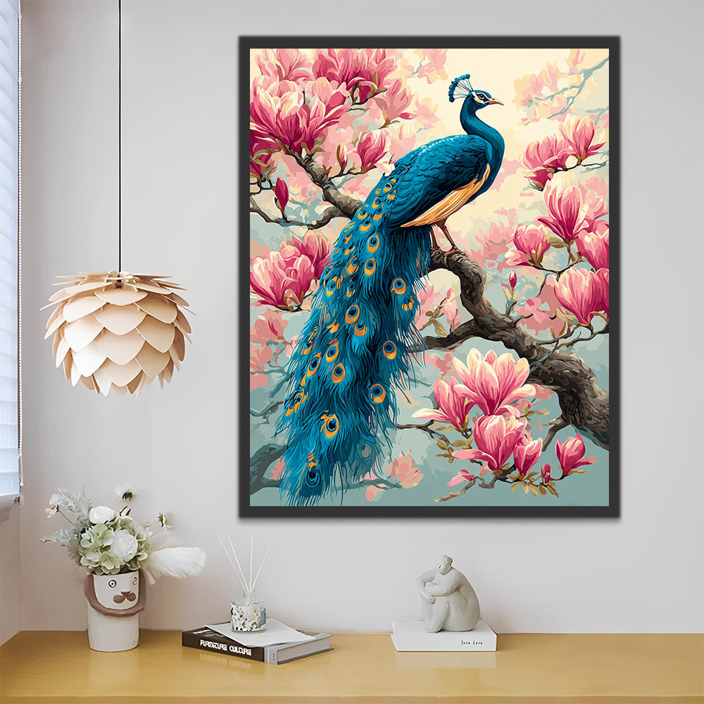 Pavo Real Verde en Árbol de Magnolia Rosada Pintar por Números